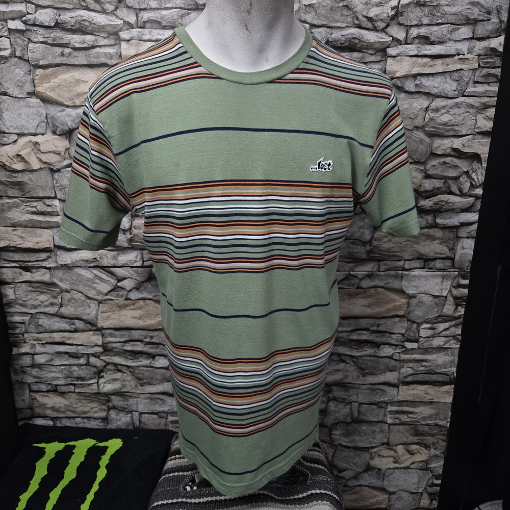 Lost Surfboards Men M Green Striped Multicolored Crewneck Short Sleeve Tee